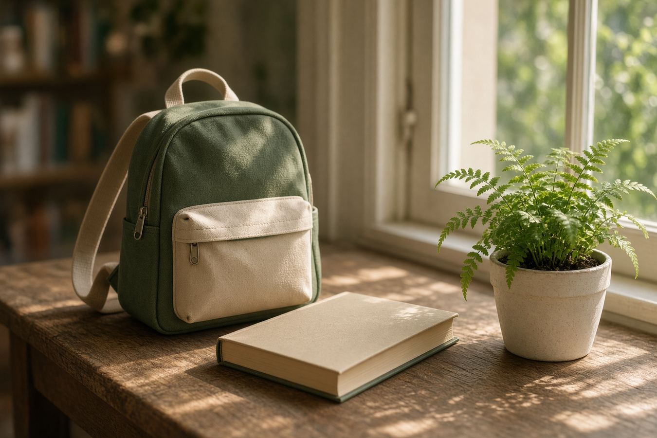 A backpack on a bench by a school window