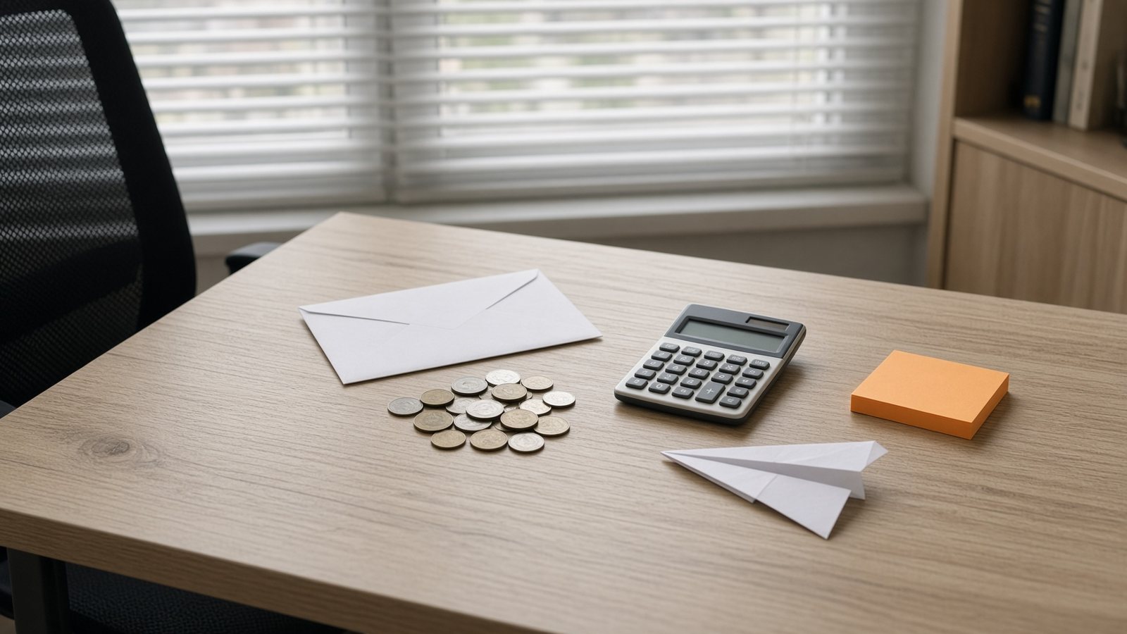 Mail, coins, and a paper airplane on a home desk