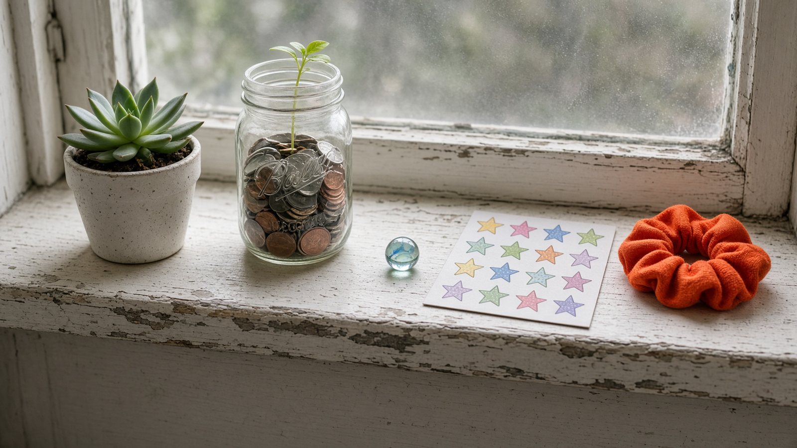 A mason jar of coins with a sprout on a bedroom windowsill