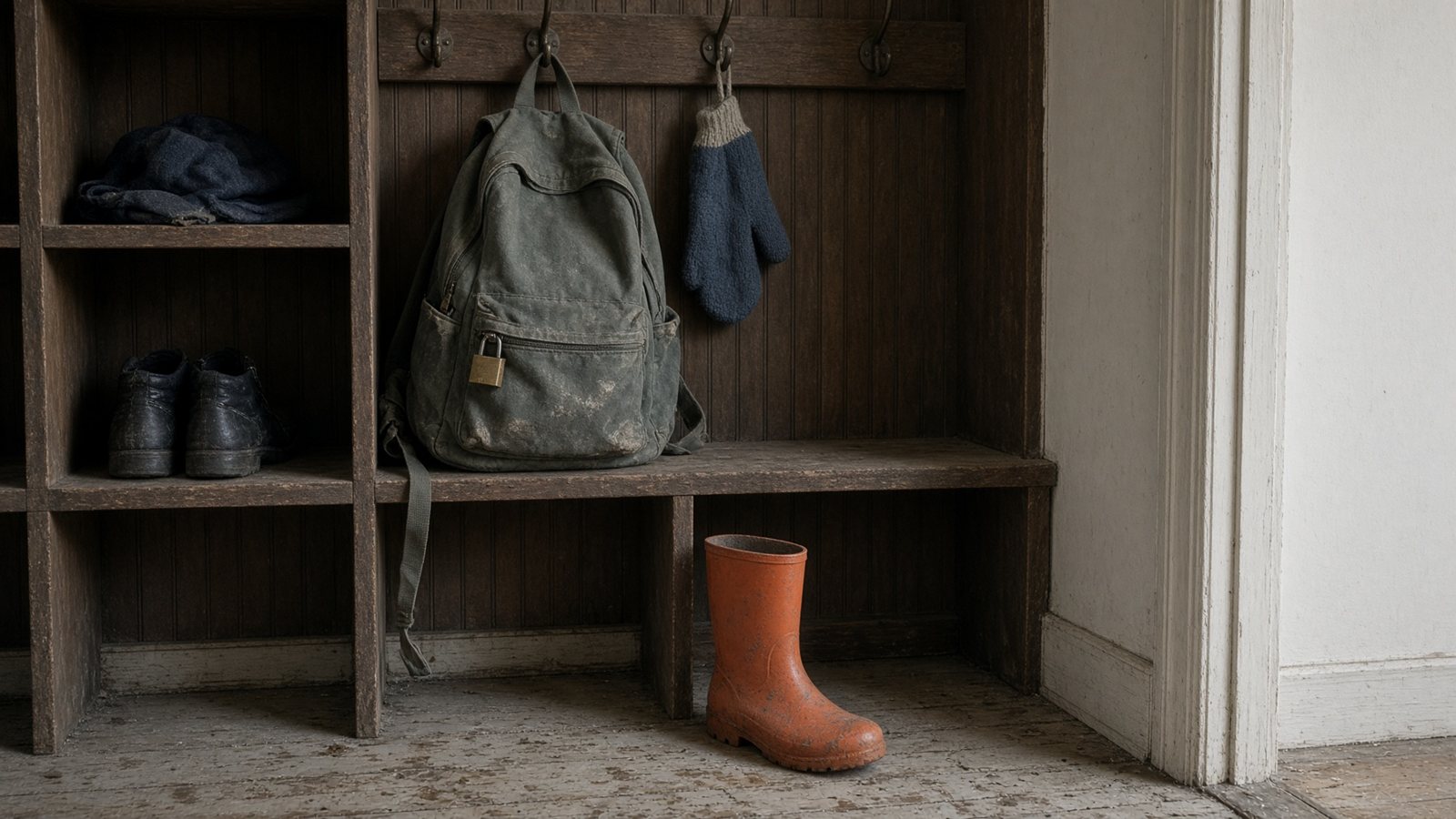 A backpack with a small padlock in a mudroom cubby