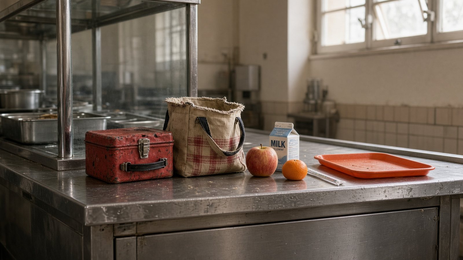 Two different lunchboxes on a school cafeteria rail