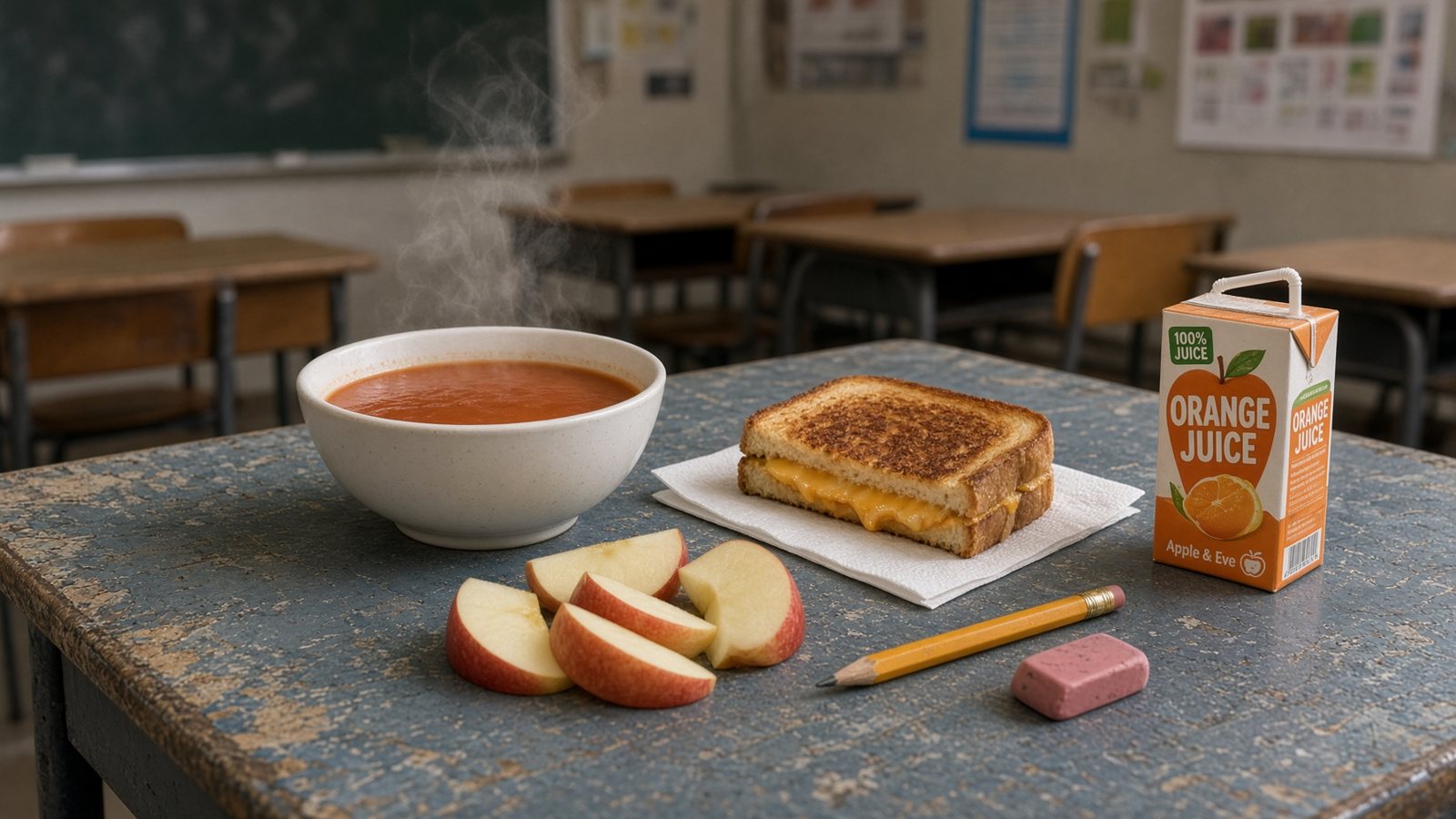 A grilled cheese and soup on a classroom desk