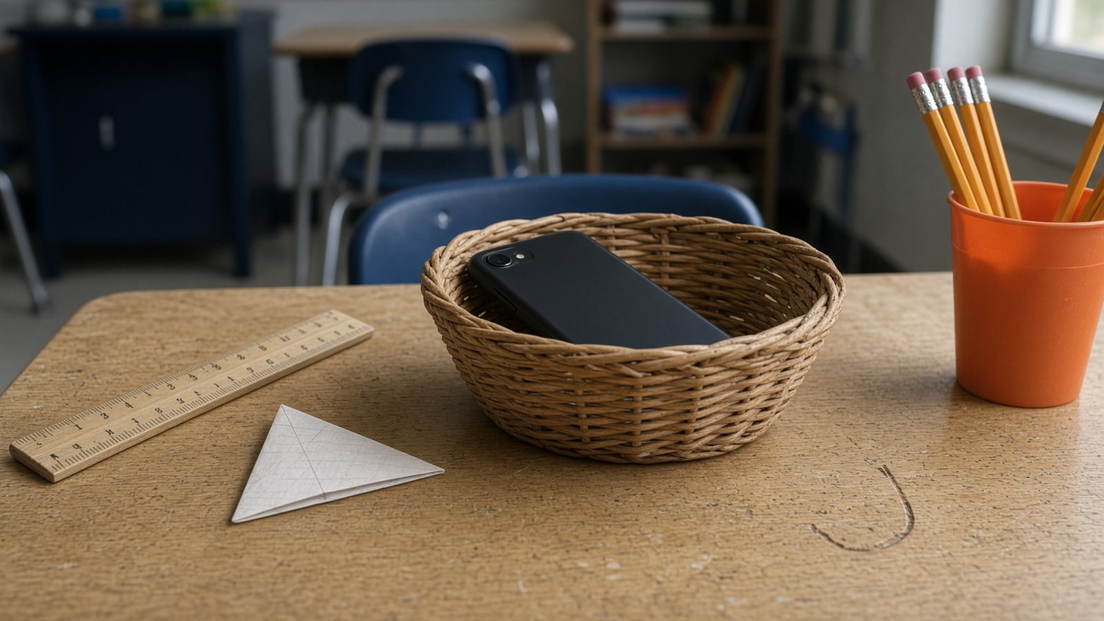 A phone in a wicker basket on a classroom desk
