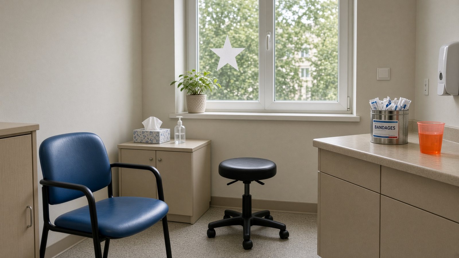 A school clinic chair, bandages, and a paper star