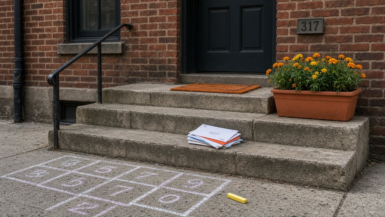 A front stoop with marigolds, mail, and hopscotch chalk