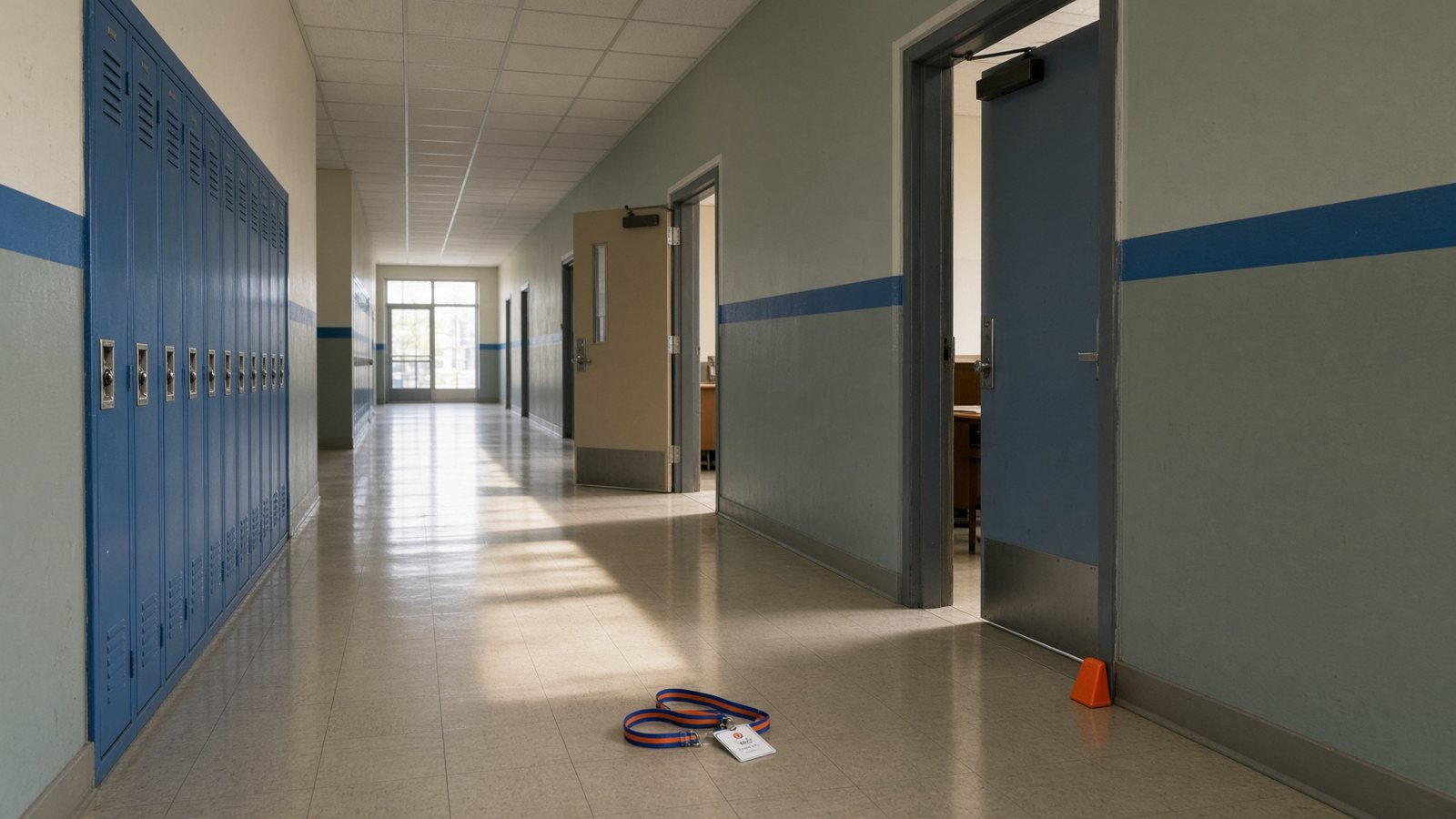 A school hallway with two different doors slightly open