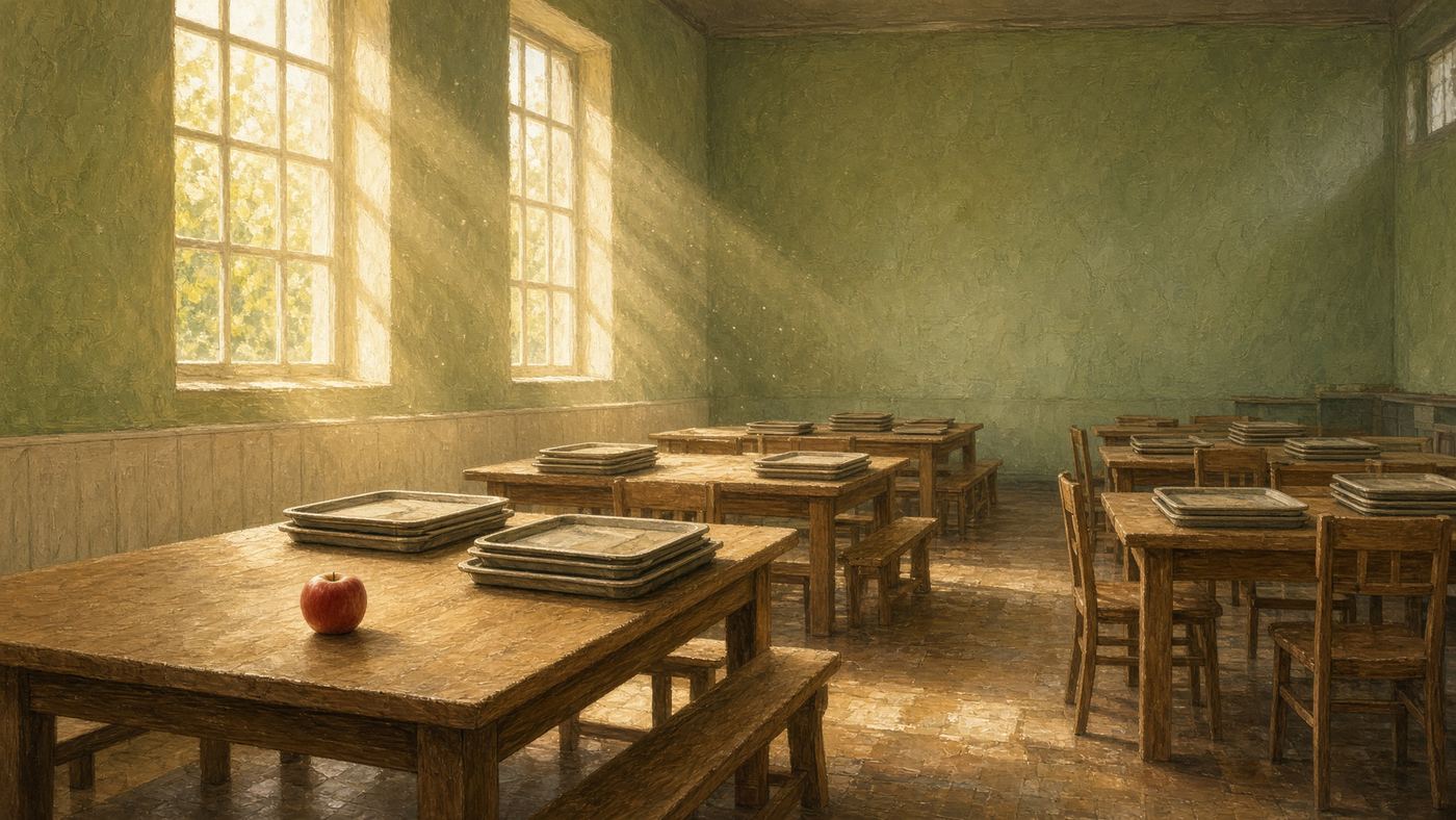 An empty school cafeteria in late-afternoon light