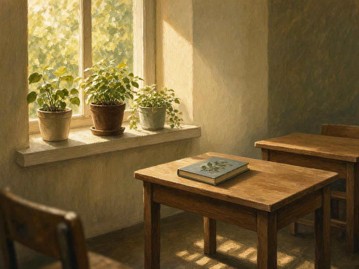 A quiet classroom corner with a closed book