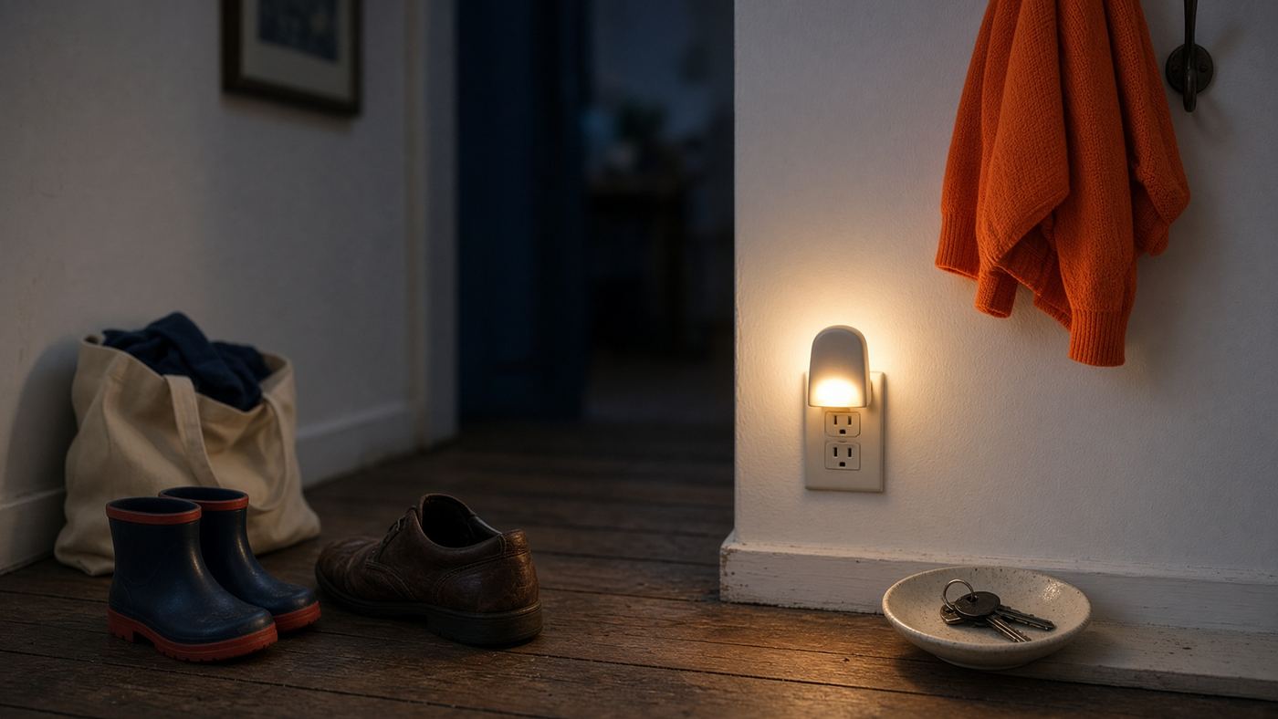 A hallway nightlight, small boots, and a key by the door