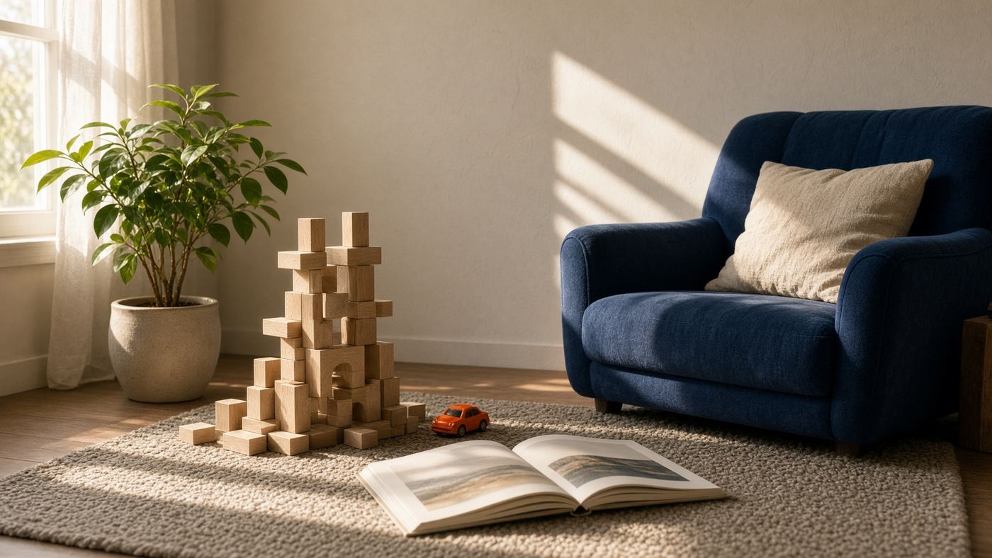 A sunlit play corner with blocks and an open picture book